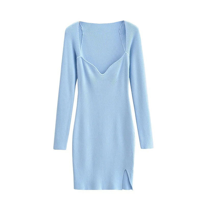 Aproms Elegant Square Neck Ribbed Knitted Dresses Women Long Sleeve High Stretch Bodycon