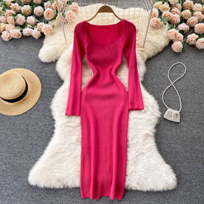 Strapless Ribbed Knitted Bodycon Dress Women Winter Long Sleeve Midi Sweater Dress