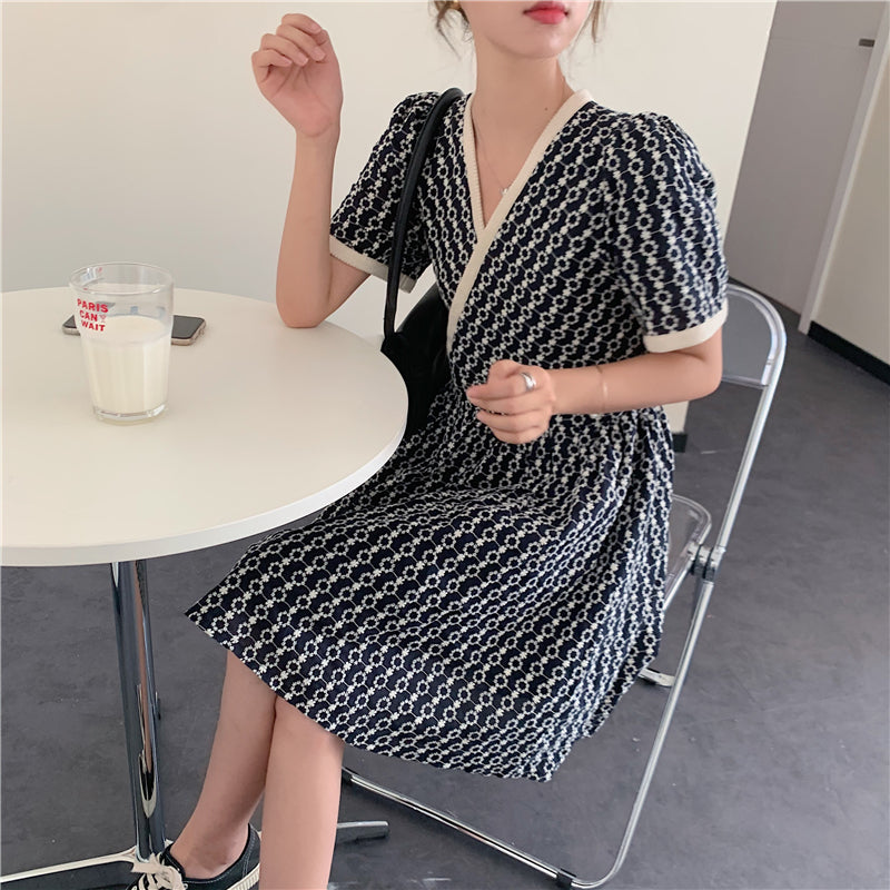 Women Summer V Neck Jacquard Floral Long Dress High Waist Short Sleeve Exquisite Midi Dresses