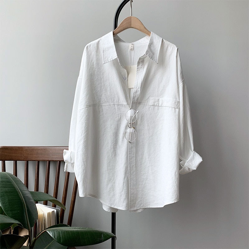 Loose Turn-down Collar Solid Female Shirts Tops Spring Summer Blouses