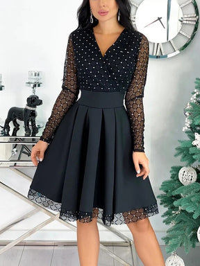 Shiny Sequin Diamond Mesh Stitching Dress Women Spring Autumn Sheer Long Sleeve Belted Slim A Line Dresses