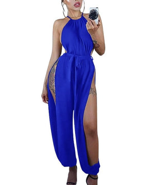 Women Hollow Out Jumpsuit Casual Sleeveless O-Neck Belt Jumpsuit Lace Up Slim Rompers