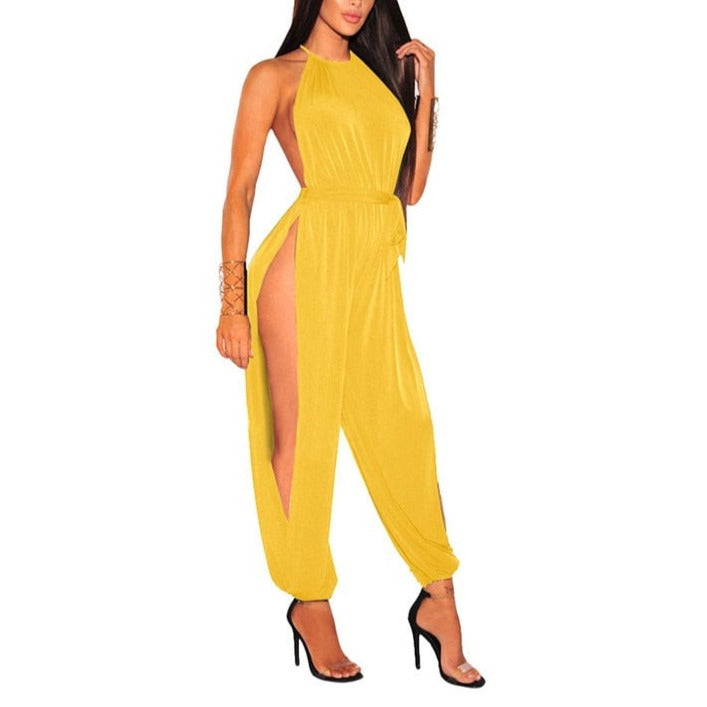 Frauen aushöhlen Jumpsuit Lässige ärmellose O-Neck Gürtel Jumpsuit Sexy Lace Up Slim Strampler