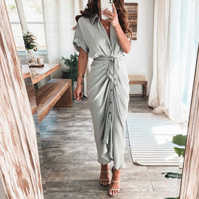 Women Summer Short Sleeve Slit Long Dress Turn-down Collar Elegant Button Draped Party Dresses