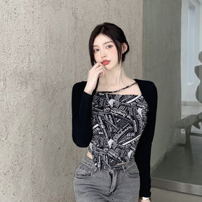 Letter Printed T-shirt Women Fake Two-piece Sexy Slim Long Sleeved Tops Female Cropped Tops