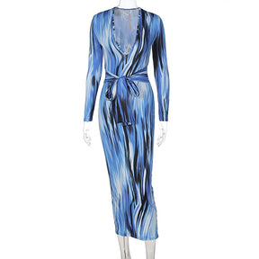 tie dye print women midi dress long sleeve bodycon sexy bandage bodycon