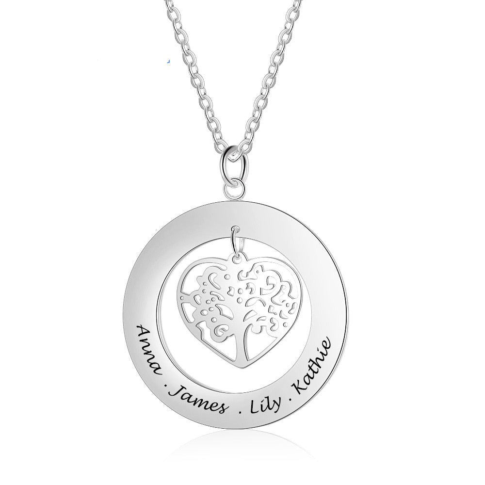 Tree of Life Engrave Name Necklace Silver Color Round Customized Pendants