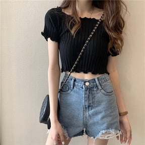 Women Off Shoulder T-shirts Knitted Ruffles Hem Crop Tops Short Sleeve T-shirts