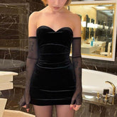 Black Strapless Dress Women New Simple Slim Removable Mesh sleeves Female Dress