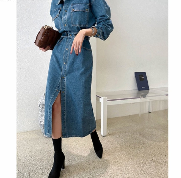 Denim Dress Full Sleeve Single-breasted Pockets Slim Waist Mid-length