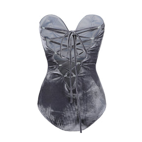 Strapless Velvet Sexy Bodysuit Women Sweetheart Bodycon Backless Lace Up Body V Neck Bodysuits