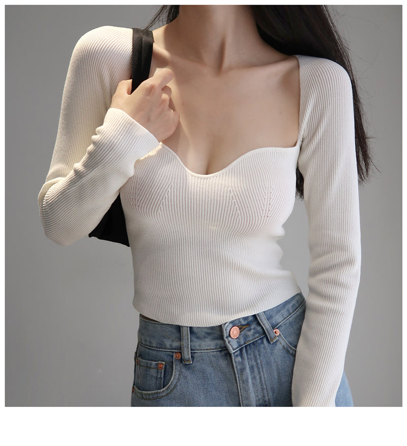 Magliette lavorate a maglia con scollo quadrato vintage francese da donna T-shirt pullover a maniche lunghe skinny da donna
