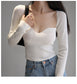 Magliette lavorate a maglia con scollo quadrato vintage francese da donna T-shirt pullover a maniche lunghe skinny da donna