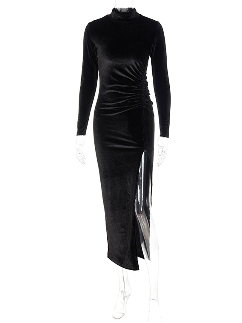 Women Velvet Long Sleeve Ruched Midi Dress Side Slit Bodycon Streetwear