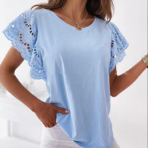 Women Hollow Out Stitching T-Shirt Casual O-Neck Ruffle Short Sleeve Top Elegant Clothing