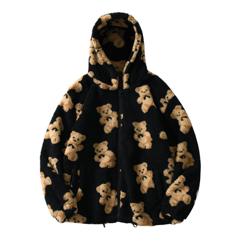 Hip Hop Men Women Fashion Bear Print Full Zip Hooded Coat Tops Outwear