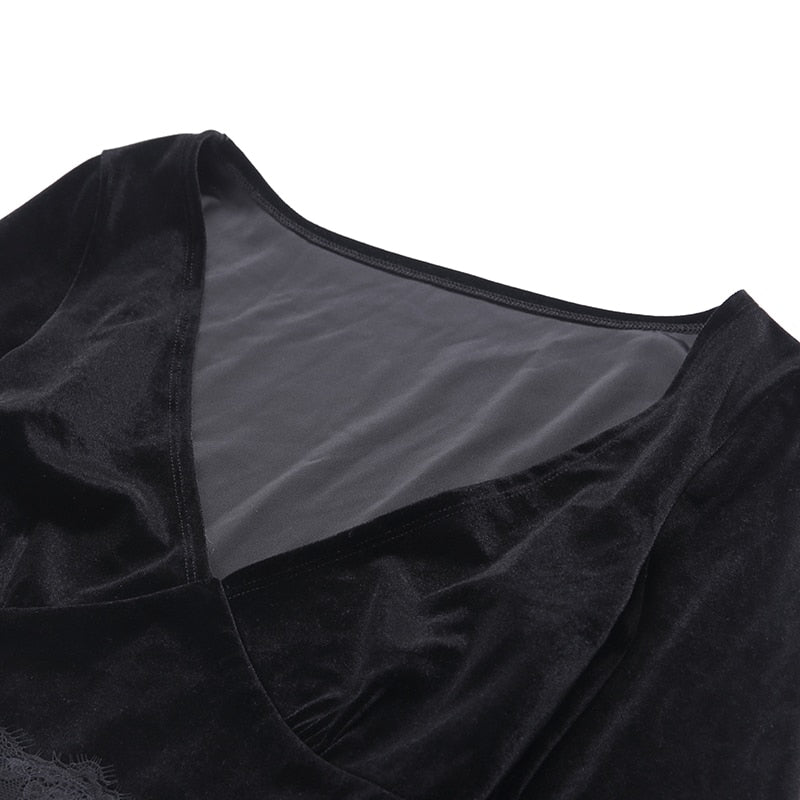 Ins Goth Sexy Women Gothic Crop Top Flare Long Sleeve Lace Hollow Out Black  V-neck T-shirt