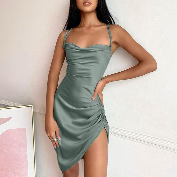 Satin-Frauen-Träger-Minikleid mit Rüschen, Schnürung, Kreuzbandage, rückenfrei, figurbetont, sexy Party, elegant