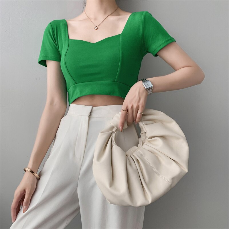 French Clavicle Square Collar Tops Women High Waist Croped Top Short Sleeve T-shirt Female