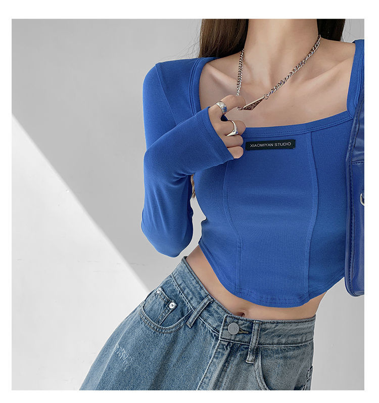 Cropped Top Women Fashion Skinny Sexy Long Sleeve T Shirts Female Casual Square Neck Tees