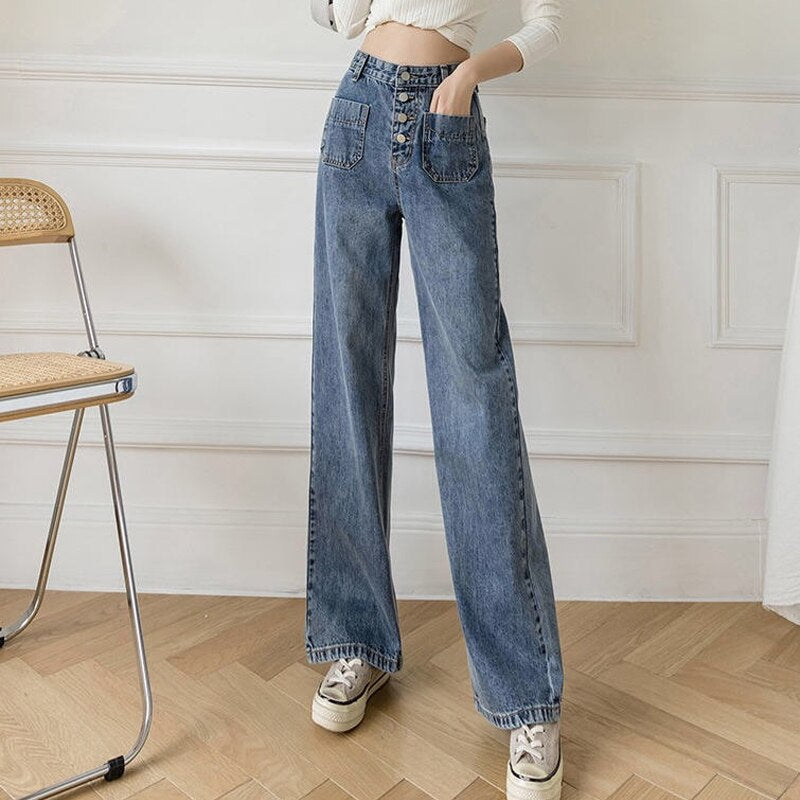 Women's Loose Straight Denim Trousers Female High Waist Wide Leg Pants high street