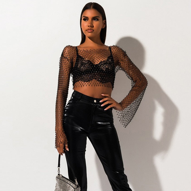 Crystal Diamond See Through Crop Tops Women Hollow Out Beachwear Tops Shiny Sexy Party Top