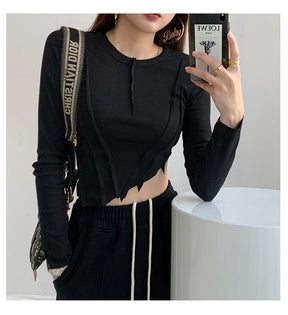 Skinny Crop Tops Women Irregular Oblique Edge T-shirts Female Crewneck Long Sleeve