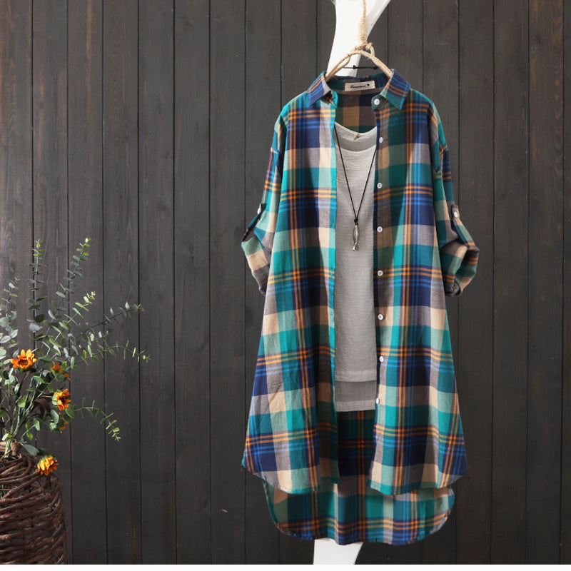 100% Cotton Plaid Shirt Long Sleeve Button Up Casua Loose Blouse Plus Size