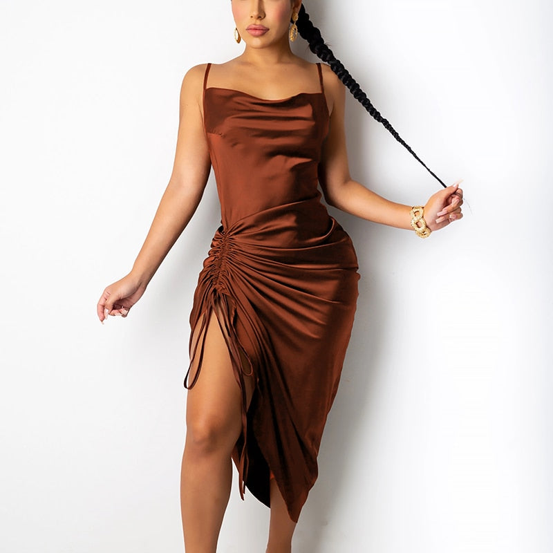 Ruched Satin Summer Dress Drawstring Spaghetti Straps Cowl Neck Backless Long Dresses