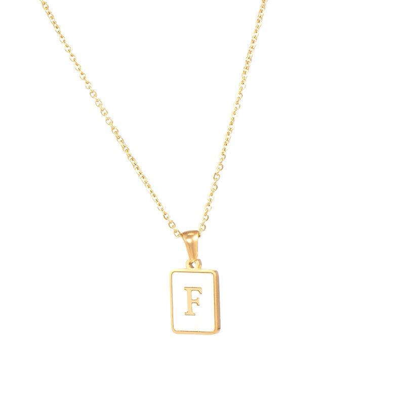 18K Golden Chain Necklaces Male Square Natural Shell Initial Letters Pendant Stainless Steel Jewelry