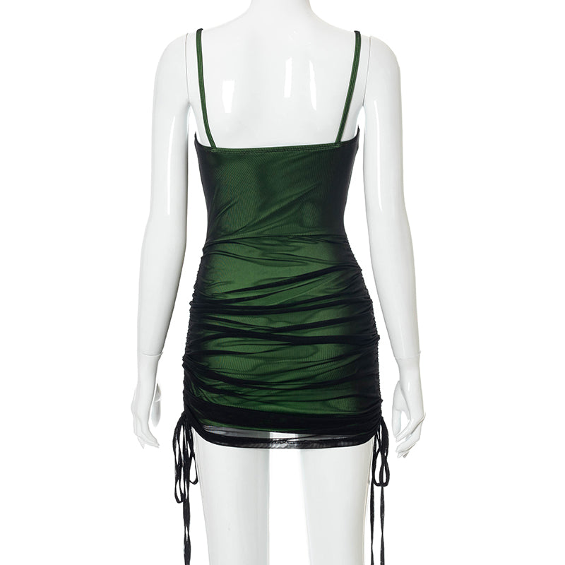 Women Mesh Bodycon Mini Green Dress Spaghetti Strap Lace Up Ruched Slim