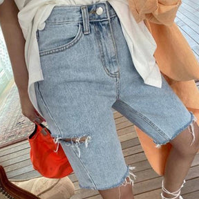 Women High Waist Riped Button Up Female Denim Shorts Jeans