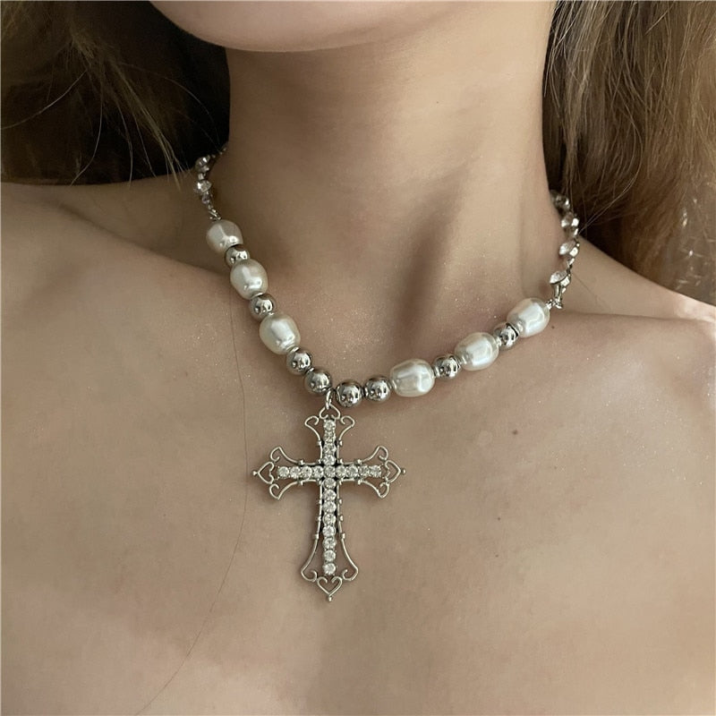 Bling Cross Pendant Necklaces for Women Girl Gift Wedding Neck Jewelry Goth Pearl Necklace