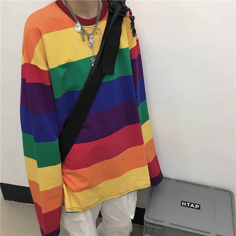 T-shirt da donna a righe arcobaleno Harajuku Fashion Top maniche lunghe Tshirt oversize O-Collo