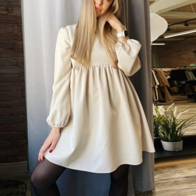 O-Neck Folds Lantern Sleeve Casual Dresses Autumn Solid Color A-Line Loose Comfort High Waist Dress