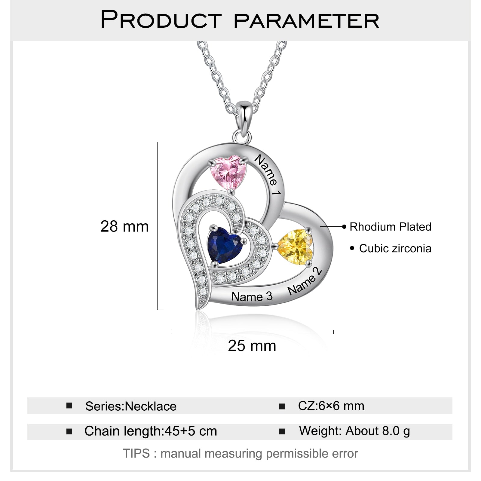 Personalized 1-6 Name Engraving Heart Pendant DIY Birthstone Necklace