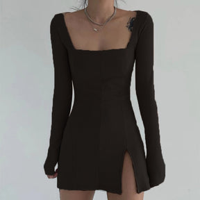 Square Neck Ribbed Black Dress Female Knitted Side Split Bodycon Dress Long Sleeve Mini Dresses