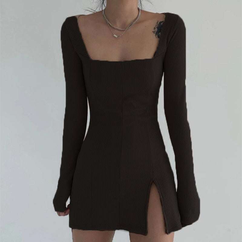 Square Neck Ribbed Black Dress Female Knitted Side Split Bodycon Dress Long Sleeve Mini Dresses