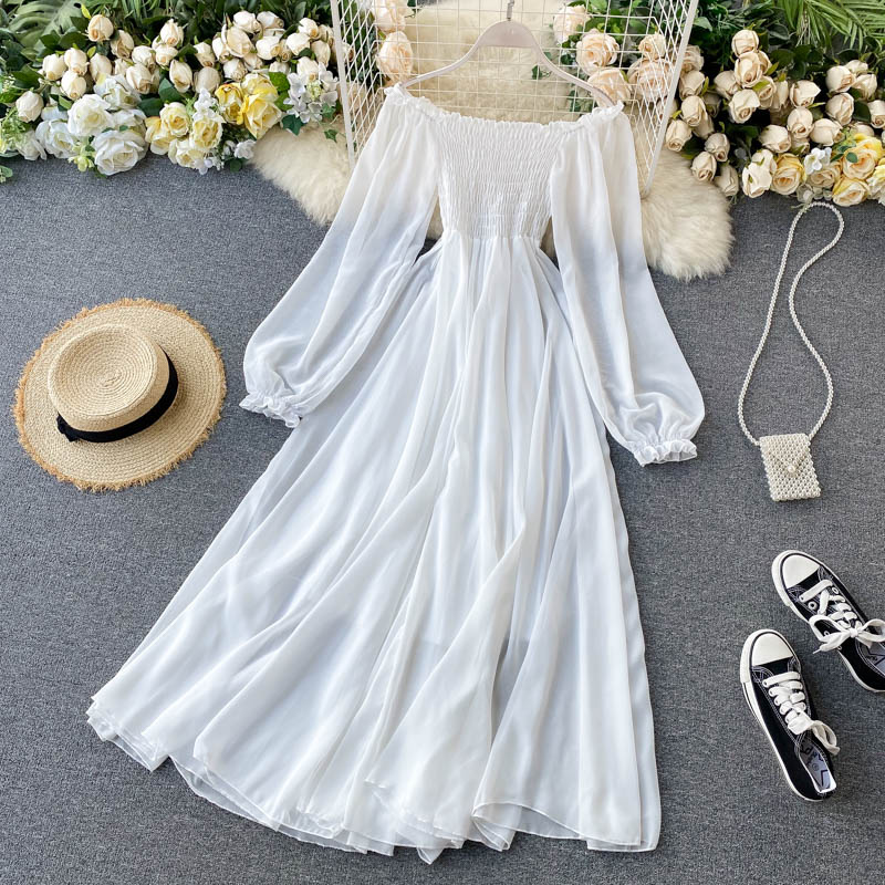 Holiday Puff Sleeve Slash Neck Off Shoulder Smocked White Chiffon Dresses