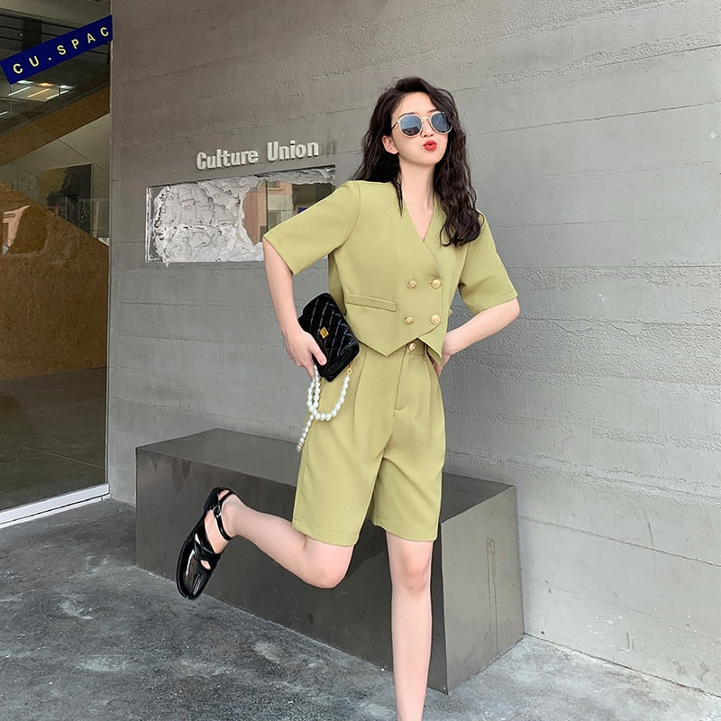 Fashion Office Short Sets Women Korean Loose Two Piece Suits Summer Thin