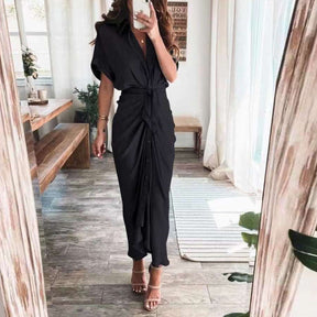 Women Summer Short Sleeve Slit Long Dress Turn-down Collar Elegant Button Draped Party Dresses