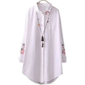 White Shirt Casual Wear Button Up Turn Down Collar Long Sleeve Cotton Blouse Embroidery