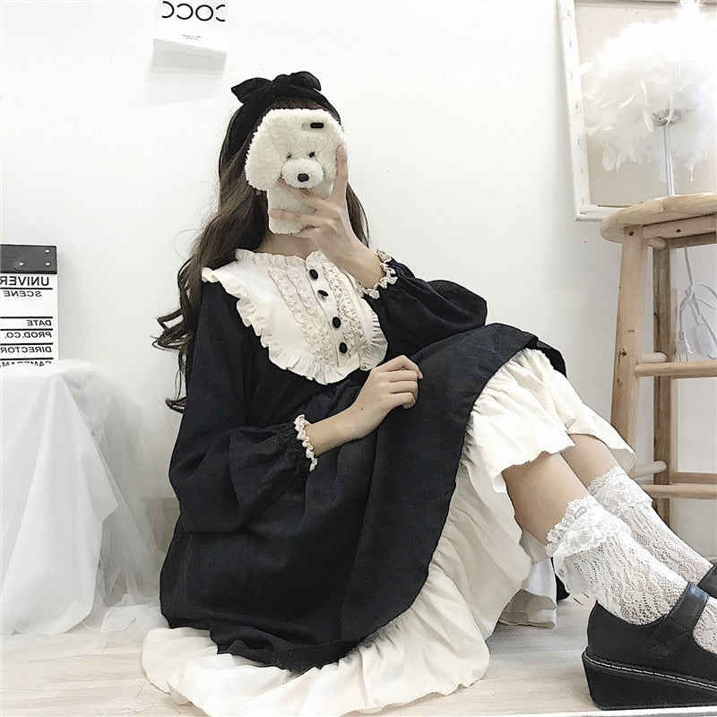 Japanese Style Women'S Dresses O-Neck High Waist Slimming Contrast-Color Ruffled Sweet Lolita Dress Kawaii