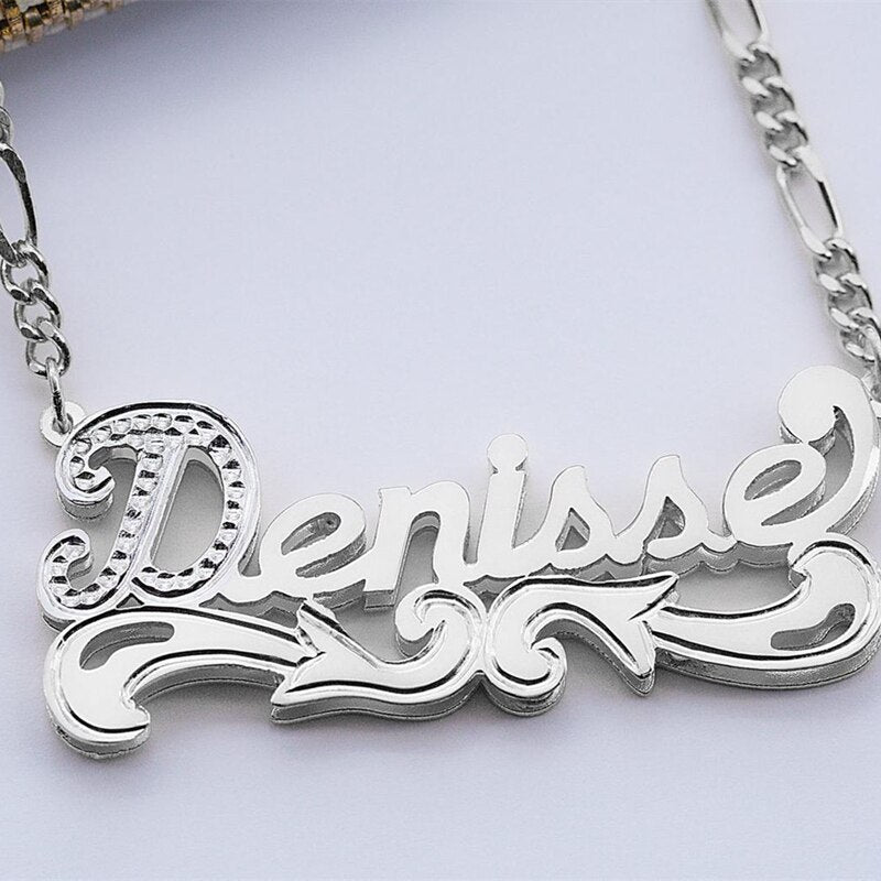 Customized Nameplate Necklace Double Name Plate Pendant Custom Letter With Figaro Chain