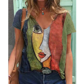 V Neck Tshirt Women's Summer Print Shirt Tops Loose Female Tee Streetwear Short Sleeve Clothes