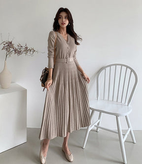 Single-breasted Women Sweater Dress Knitted Belted Female A-line soft dresses