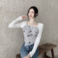 Letter Printed T-shirt Women Fake Two-piece Sexy Slim Long Sleeved Tops Female Cropped Tops