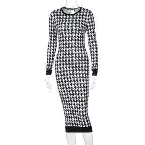 Houndstooth Print Women Long Sleeve Midi Dress Hollow Out Bodycon Streetwear