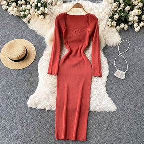 Strapless Ribbed Knitted Bodycon Dress Women Winter Long Sleeve Midi Sweater Dress