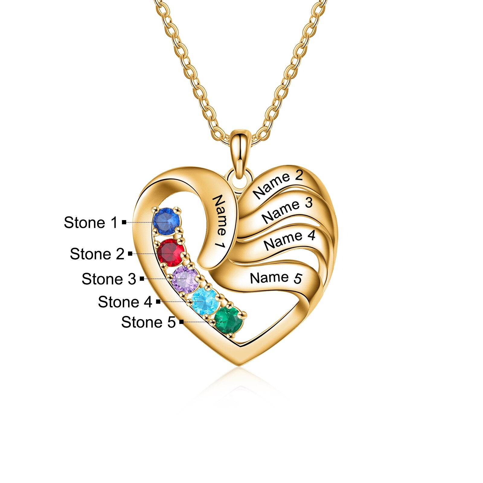 2-5 Names Customized Birthstone Fashion Memorial Heart Necklace